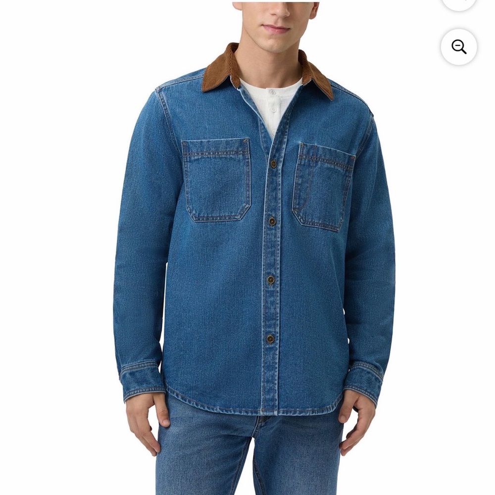 Frye Men's Blue Denim Jacket with Brown Collar